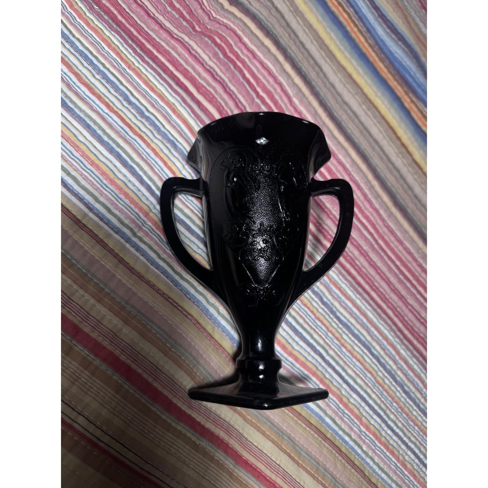 Vintage Black Amethyst Glass Trophy Vase Art Nouveau Dancing Nymphs 6.5 Inch